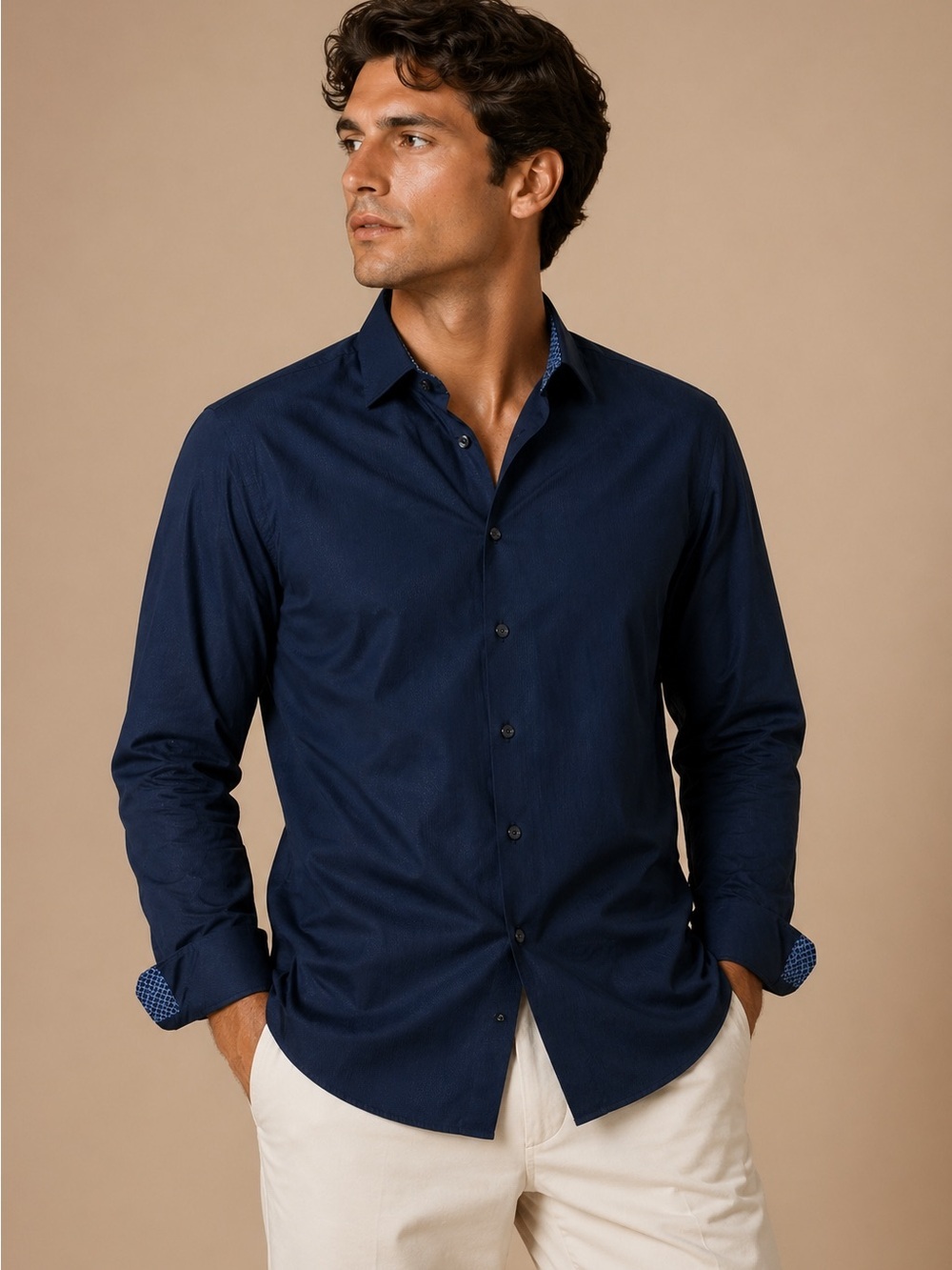 EN V Y Navy Textured Button Down Shirt Men Medium Modern Dress Shirt Turkey